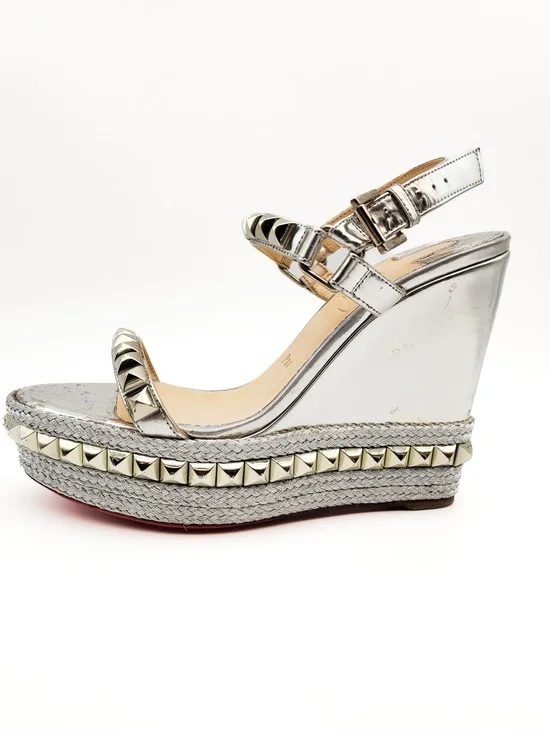 Christian Louboutin Metallic Silver Studded Espadrille Platform Sandals EU 38 - Picture 2 of 9